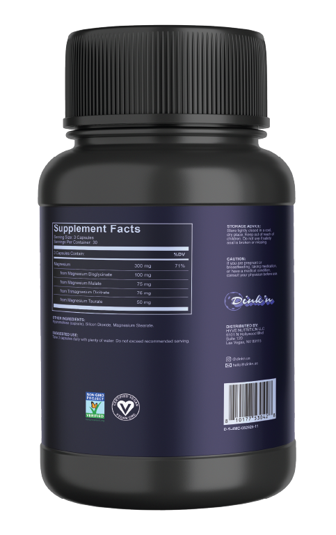 Back view of DINK’N 4-Source Magnesium Complex bottle with Supplement Facts