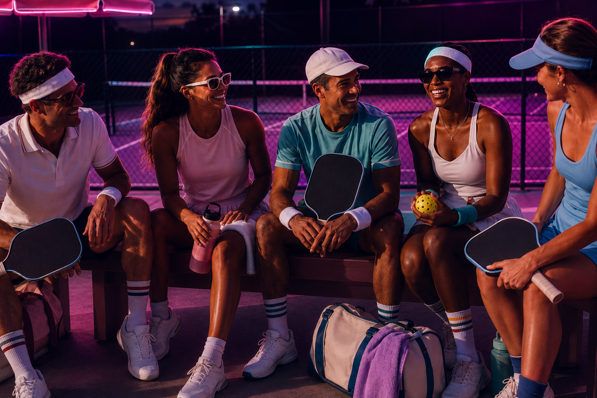 Pickleball players sitting courtside at night with Dink’n gear